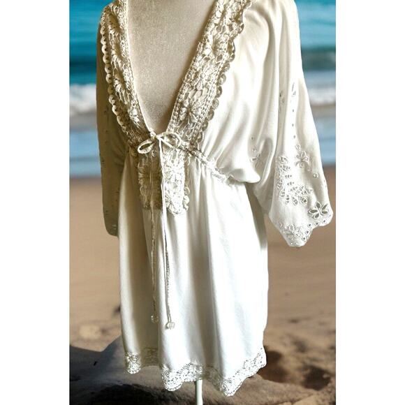 White Eyelet Coverup Mini Dress Swim Cotton Embroidered Lined Boho Beach Bride M - Picture 4 of 13